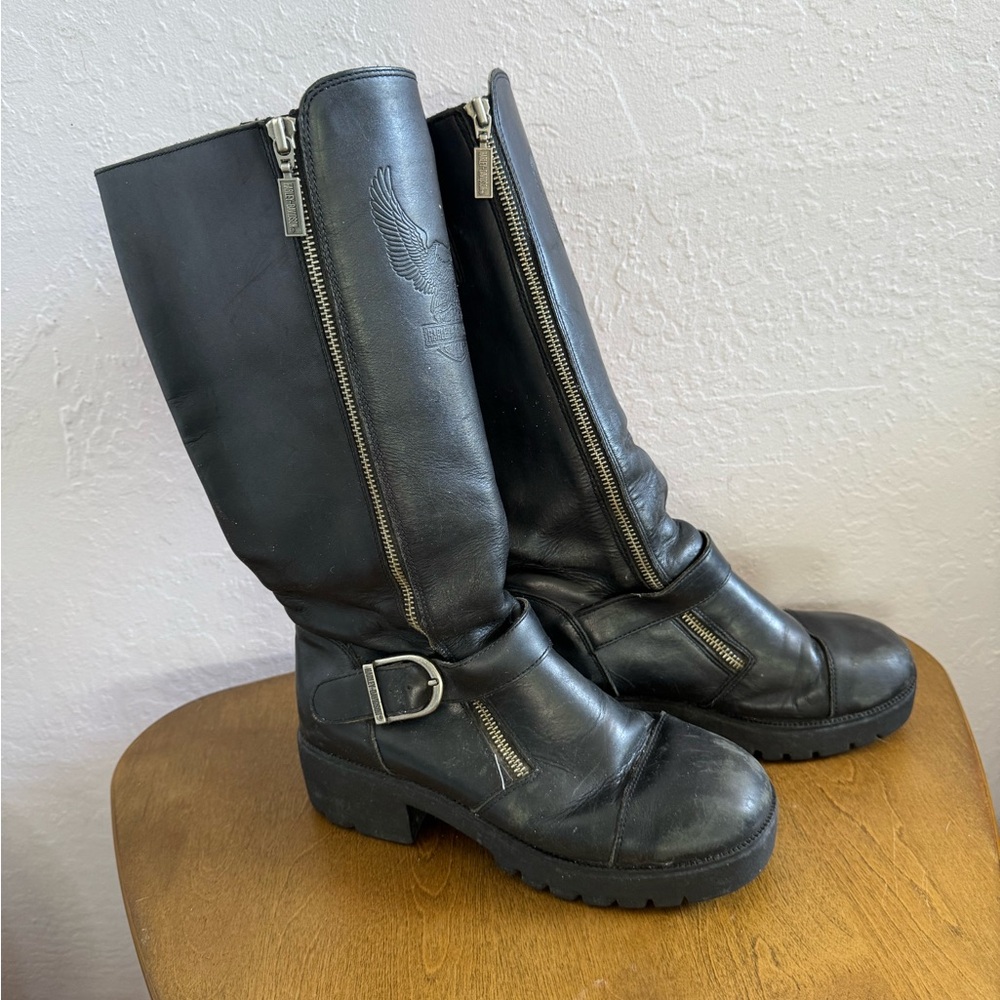 Harley Davidson Black Motorcycle Boots with Double Zippers 7.5